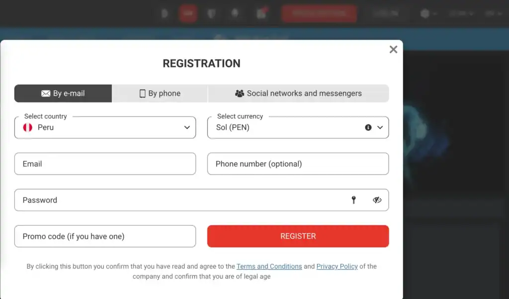 Formulario de registro gratuito en Megapari Perú para empezar a apostar en línea con bonos